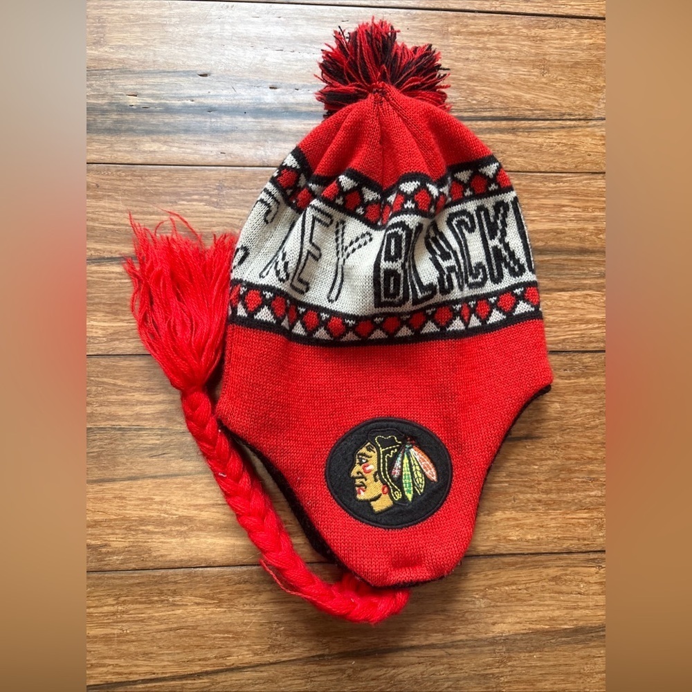 Chicago Blackhawks Knit Beanie Hat Ear Flaps One Size Fits All NHL Hockey